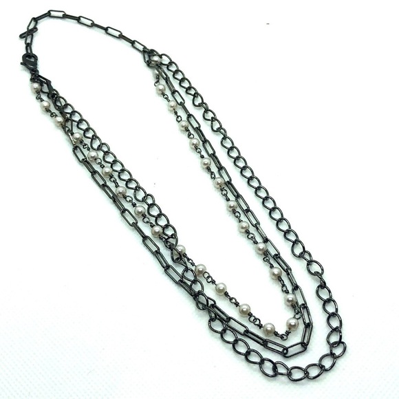 Messy Layered Pearl Necklace Gunmetal Black Rhodium Plated Sterling Silver - Picture 6 of 8